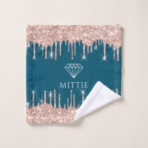 Name Elegant Glitter Drips Rose Teal Diamond Shape Bath Towel Set