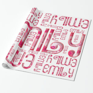 Name Emily Cute Pink Love Heart Kiss Typography Wrapping Paper
