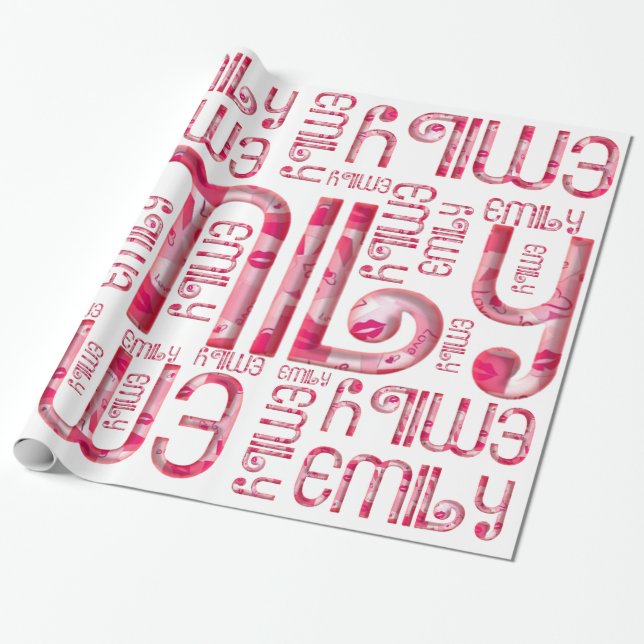 Name Emily Cute Pink Love Heart Kiss Typography Wrapping Paper (Unrolled)