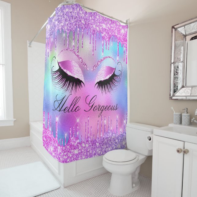Name Eyelashes Bridal Makeup Pink  Drips Holograph Shower Curtain (In Situ)