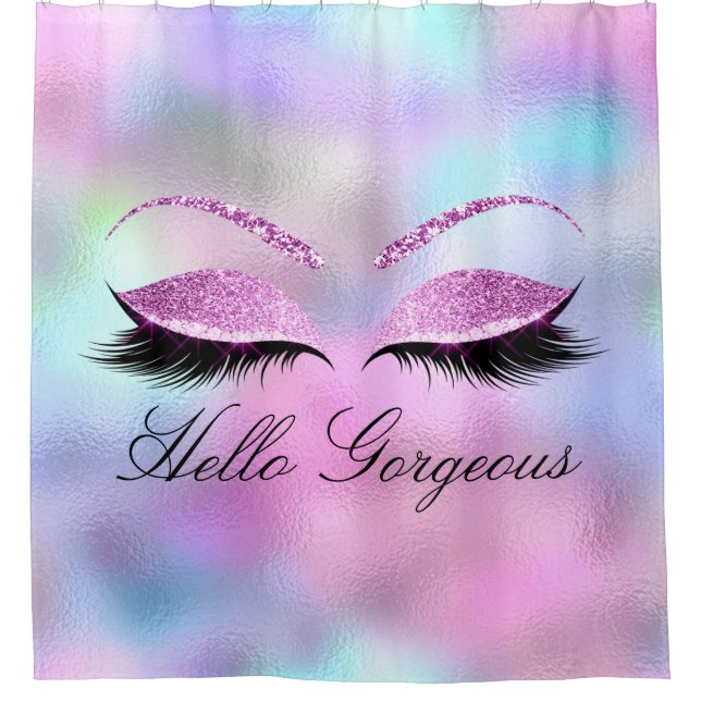 Name Eyelashes Girly Makeup Pink Holographic Glam Shower Curtain (Front)