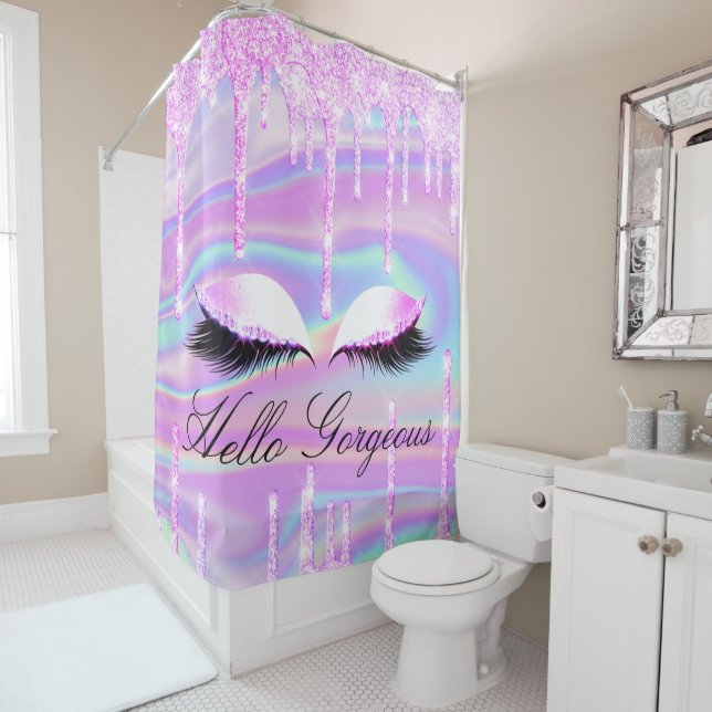 Name Eyelashes Makeup Girly Princes Drip Holograph Shower Curtain (In Situ)