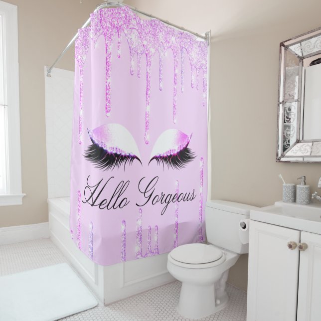 Name Eyelashes Makeup Pink Princes Drip Holograph Shower Curtain (In Situ)