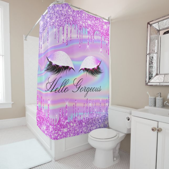 Name Eyelashes Makeup Silver Girly Drips Holograph Shower Curtain (In Situ)
