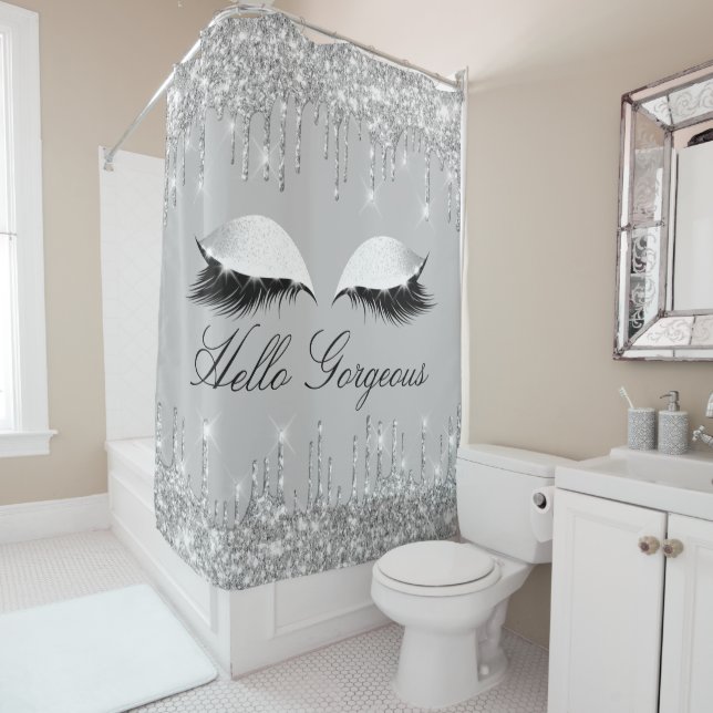 Name Eyelashes Makeup Silver Grey Girly Drips Shower Curtain (In Situ)