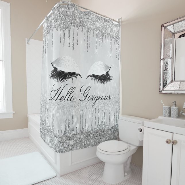 Name Eyelashes Makeup Silver Grey Girly Drips Shower Curtain (In Situ)
