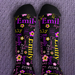 Name flower pattern pink purple yellow black socks