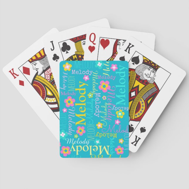Name flower patterned yellow aqua playing cards (Back)