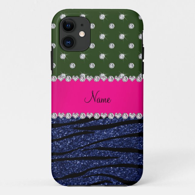 Name forest green diamonds zebra navy blue glitter Case-Mate iPhone case (Back)