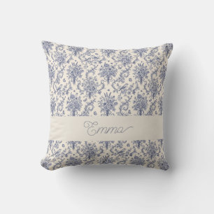 Name French Country Toile de Jouy Blue Pattern Cushion