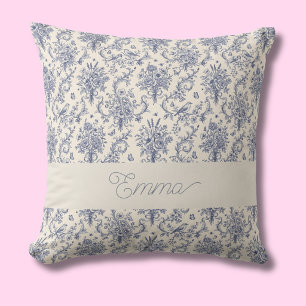 Name French Country Toile de Jouy Blue Pattern Cushion