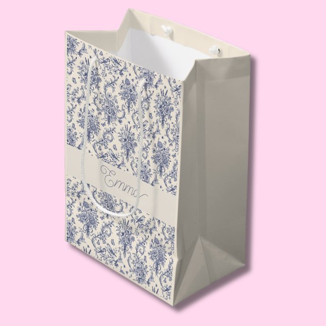 Name French Country Toile de Jouy Blue Pattern  Medium Gift Bag (Creator Uploaded)