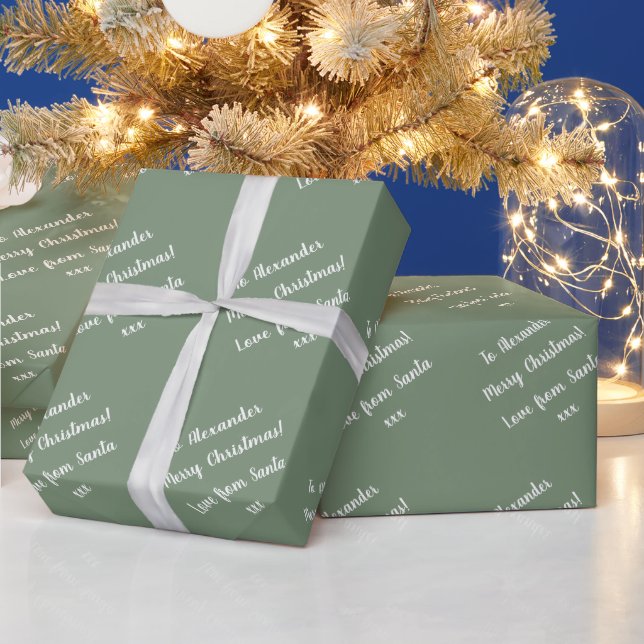 Name | From Santa | Sage Green Merry Christmas Wrapping Paper (Holidays)