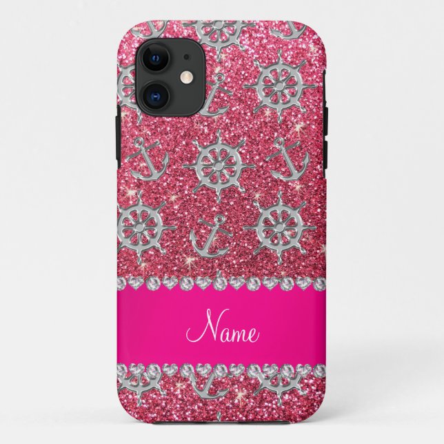 Name fuchsia pink glitter silver anchors ships whe Case-Mate iPhone case (Back)