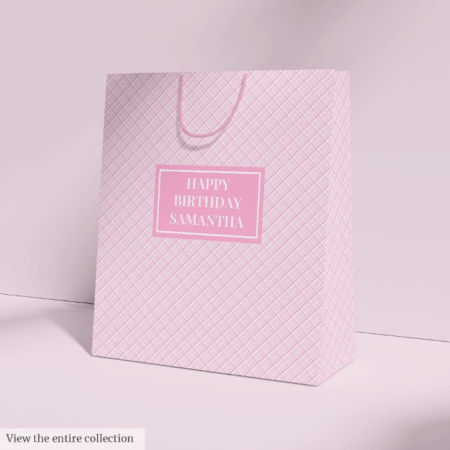 Name Gift Bags Elegant Pink Plaid Medium Accent (Name Gift Bags Elegant Pink Plaid Medium Accent)