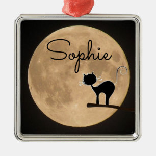 Name gift black cat with full moon metal tree decoration