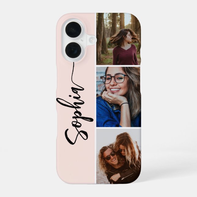 Name Girly Brush Script 3 Photo Blush Pink iPhone 16 Case (Back)