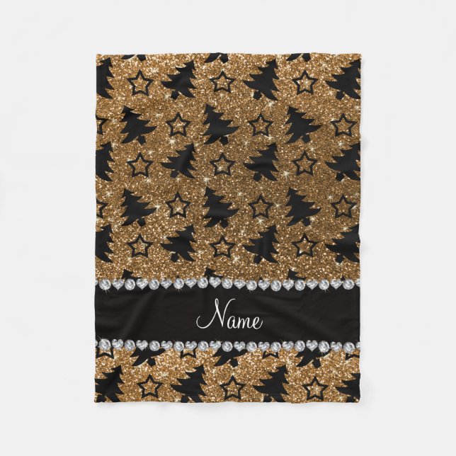 Name gold glitter christmas trees stars fleece blanket (Front)