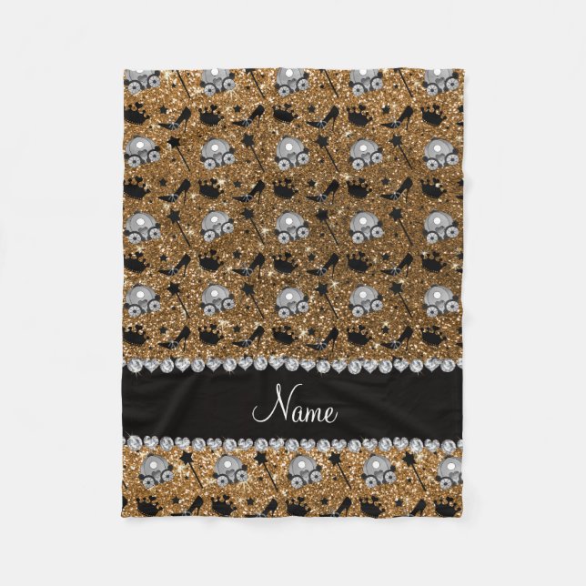 Name gold glitter princess crowns wand stars fleece blanket (Front)