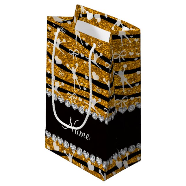 Name gold glitter zebra stripes cheerleading small gift bag (Front Angled)