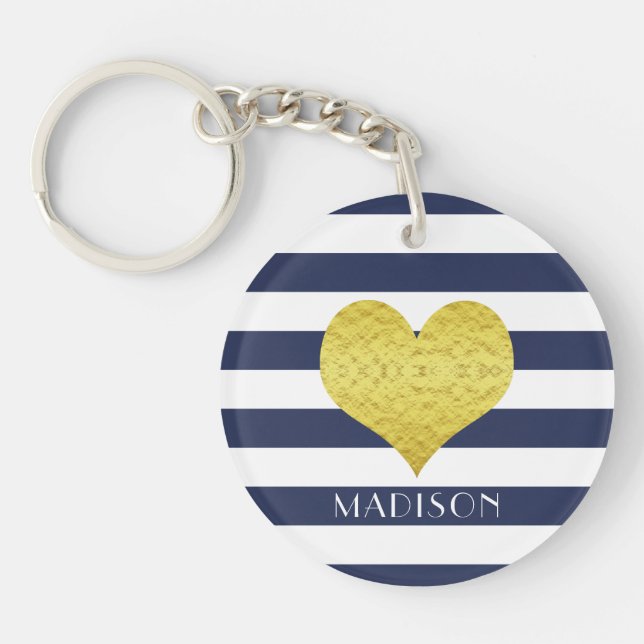 Name Gold Heart Blue White Stripes Pattern Key Ring (Front)