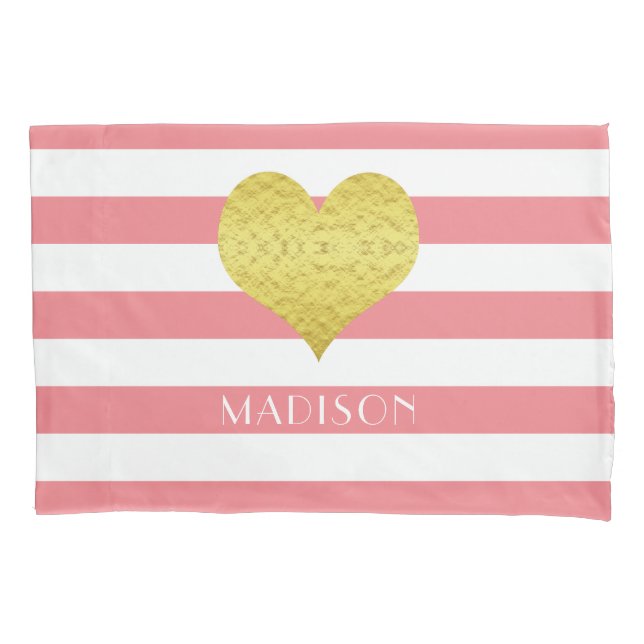 Name Gold Heart Pink White Stripes Pattern Pillowcase (Front-Left)