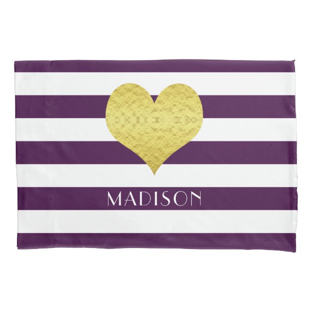 Name Gold Heart Purple White Stripes Pattern Pillowcase (Front-Left)