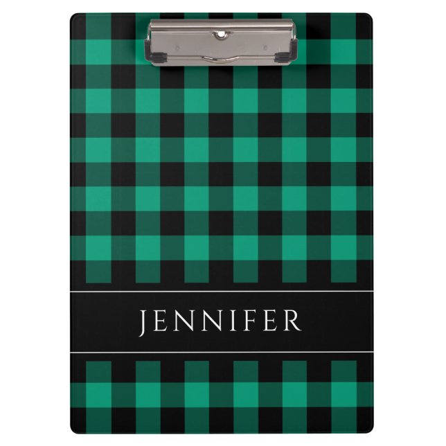 Name Green & Black Checks Plaid Gingham Pattern Clipboard (Front)