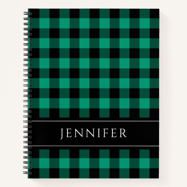 Name Green & Black Checks Plaid Gingham Pattern Notebook (Front)