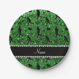 Name green glitter field hockey hearts bow paper plate