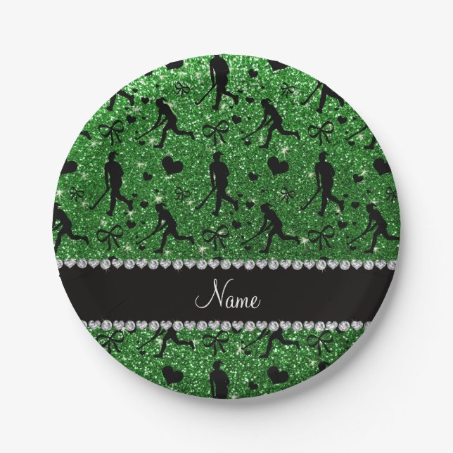 Name green glitter field hockey hearts bow paper plate (Front)