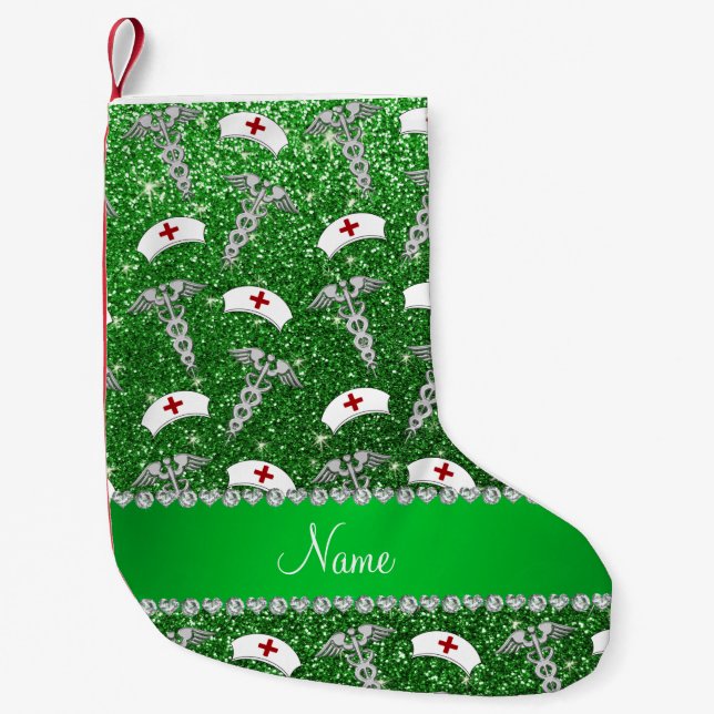 Name green glitter nurse hats silver caduceus small christmas stocking (Front)