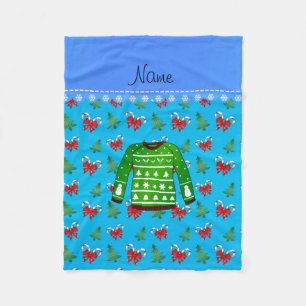 Name green ugly christmas sweater blue candy canes fleece blanket