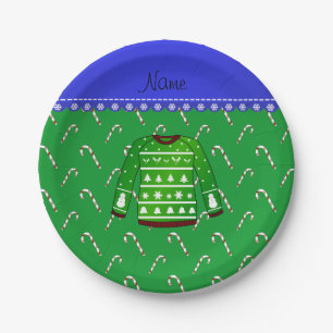 Name green ugly christmas sweater candy canes paper plate