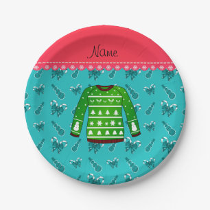 Name green ugly christmas sweater turquoise canes paper plate