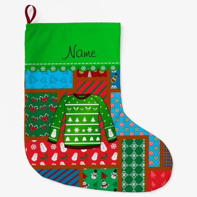 Name green ugly christmas sweater ugly pattern large christmas stocking (Front)