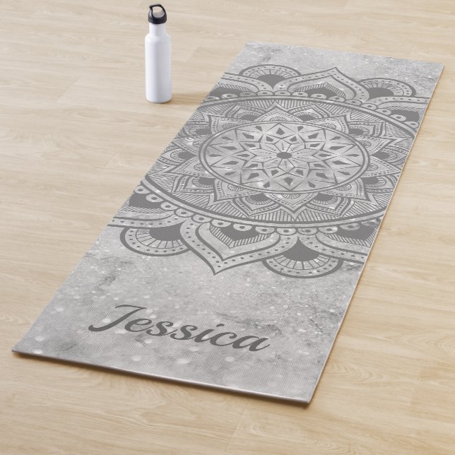 Name Grey Glitter Marble Mandala Om Exercise Yoga Mat (In Situ)