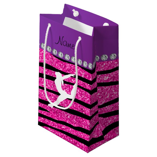 Name gymnast neon not pink glitter zebra stripes small gift bag (Front Angled)