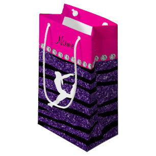 Name gymnast purple glitter zebra stripes small gift bag
