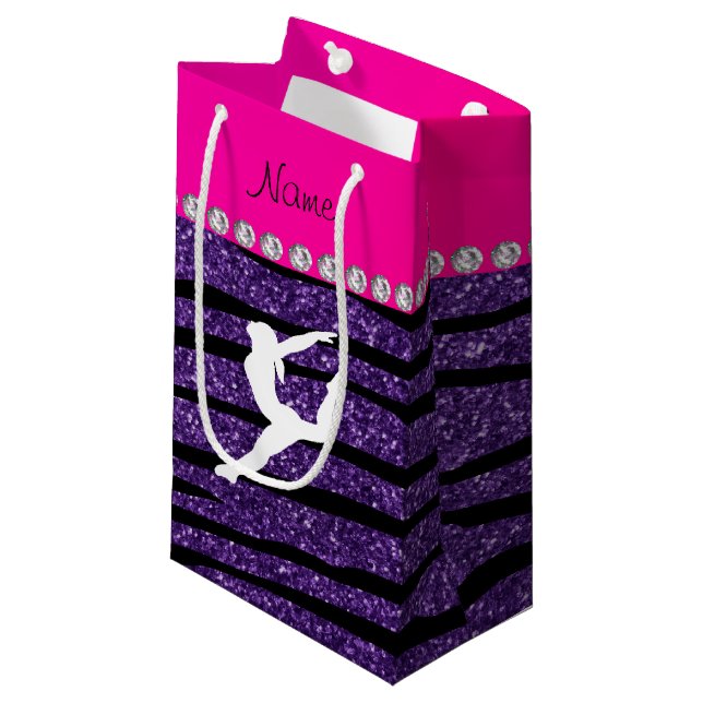 Name gymnast purple glitter zebra stripes small gift bag (Front Angled)