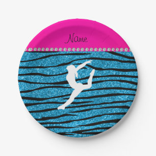 Name gymnast sky blue glitter zebra stripes paper plate