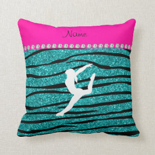 Name gymnast turquoise glitter zebra stripes cushion