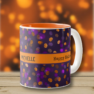 Name, Halloween Bokeh Happy Pumpkins 11oz Two-Tone Coffee Mug