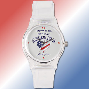 Name, Happy 250th Birthday America Heart Flag Watch
