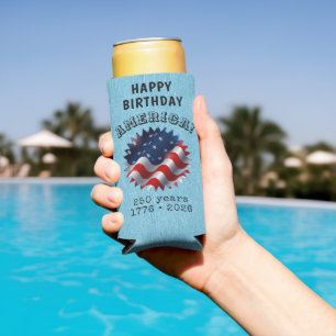 Name, Happy Birthday America Blue Denim Print Slim Seltzer Can Cooler