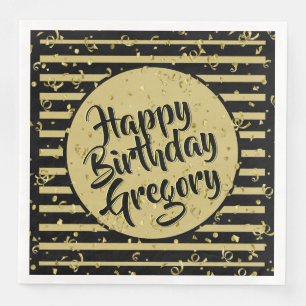 Name Happy Birthday Black/Gold Stripes Pattern Napkin