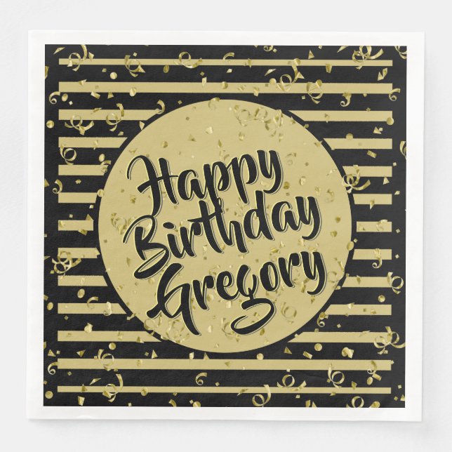 Name Happy Birthday Black/Gold Stripes Pattern Napkin (Front)