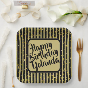 Name Happy Birthday Black/Gold Stripes Pattern Paper Plate