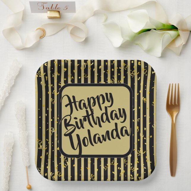 Name Happy Birthday Black/Gold Stripes Pattern Paper Plate (Wedding)