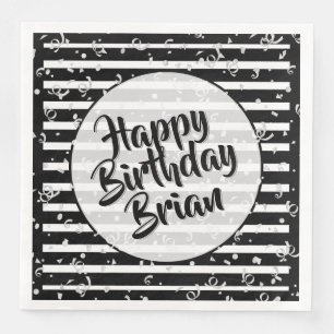 Name Happy Birthday Black/White Stripes Pattern Napkin